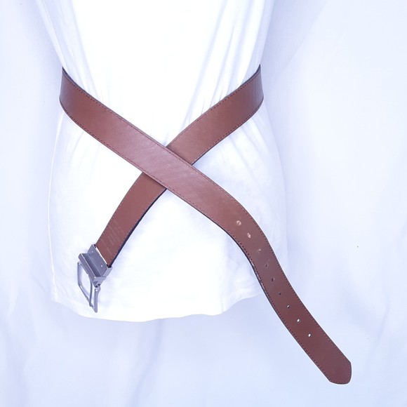 Genuine Leather Belt Reversable Black Textured Weave & Cafe Au Lait Brown Sz 44 - Picture 3 of 7